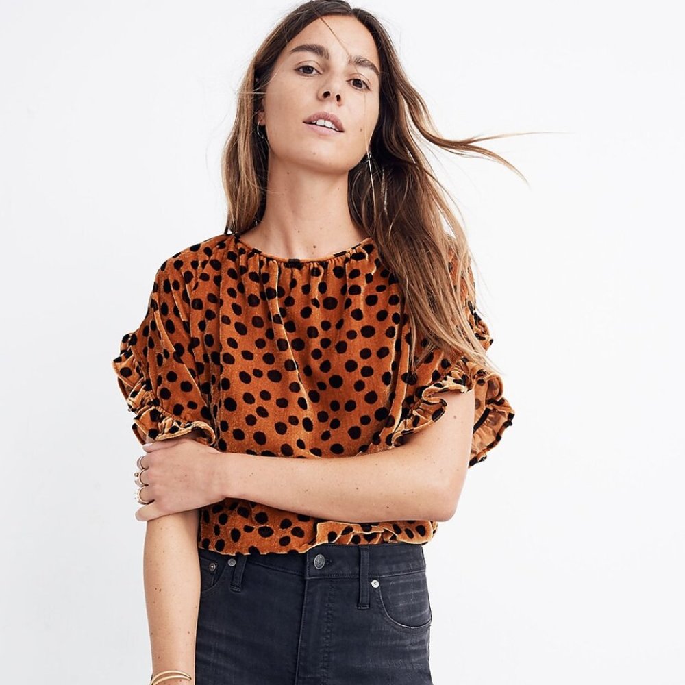 Velvet Memento Ruffle-Sleeve Top in Leopard Dot Size Medium